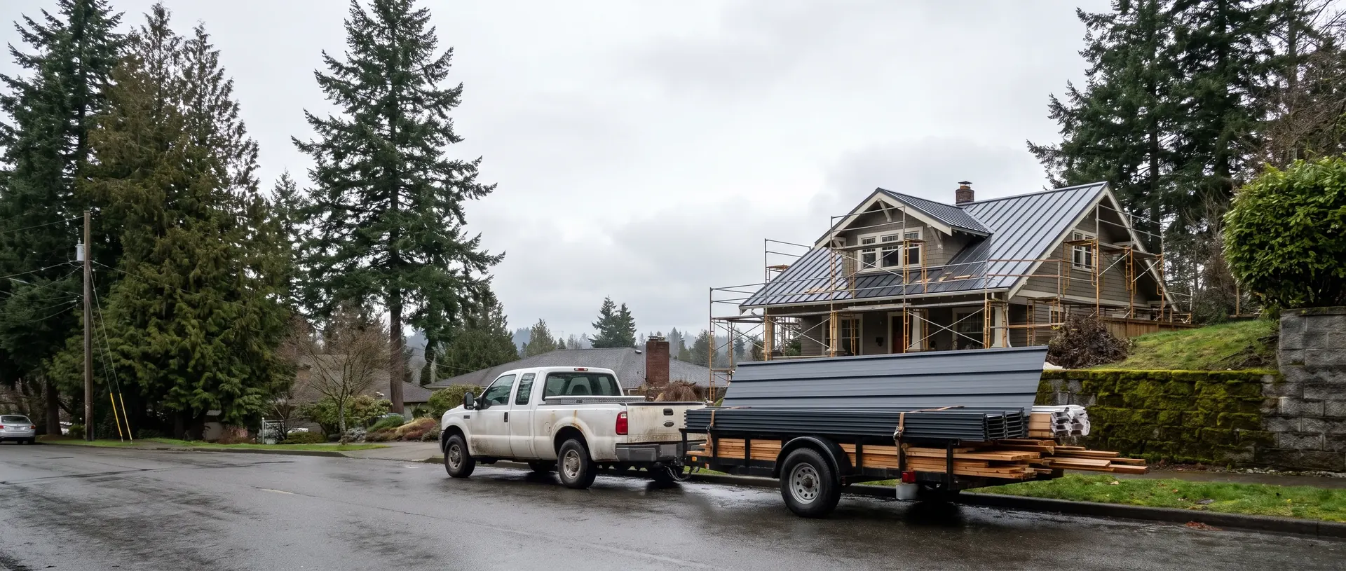 Work truck and trailer of metal panels parked outside a Whatcom County roof project