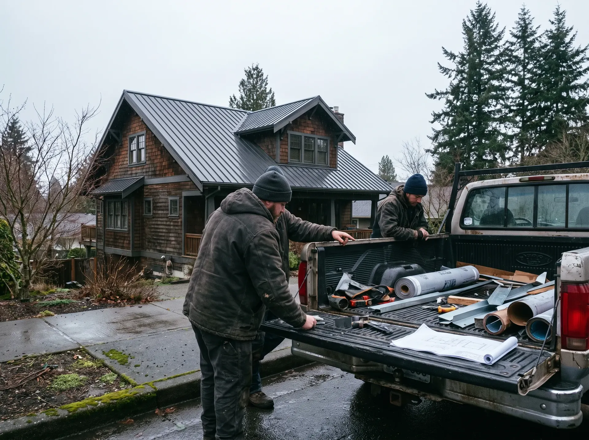 Two roofers at a truck tailgate going over the panel layout for a roof