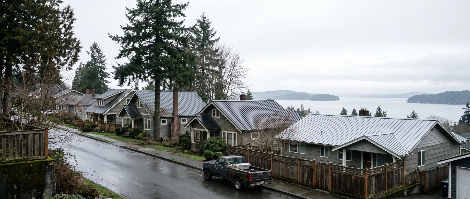 Bellingham hillside street of craftsman homes with metal roofs above the bay