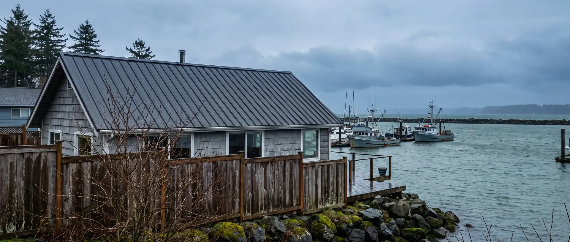 Waterfront cottage with a metal roof on Drayton Harbor in Blaine