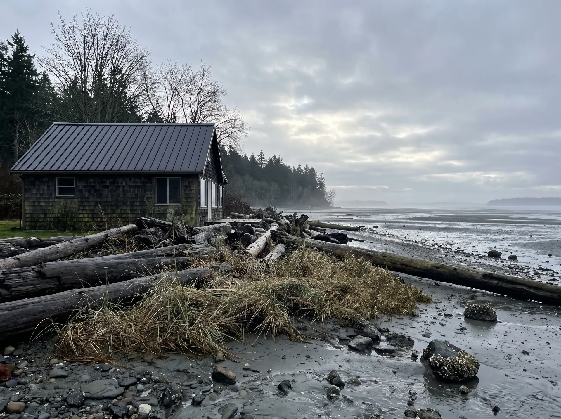Shoreline cottage with a metal roof at Birch Bay