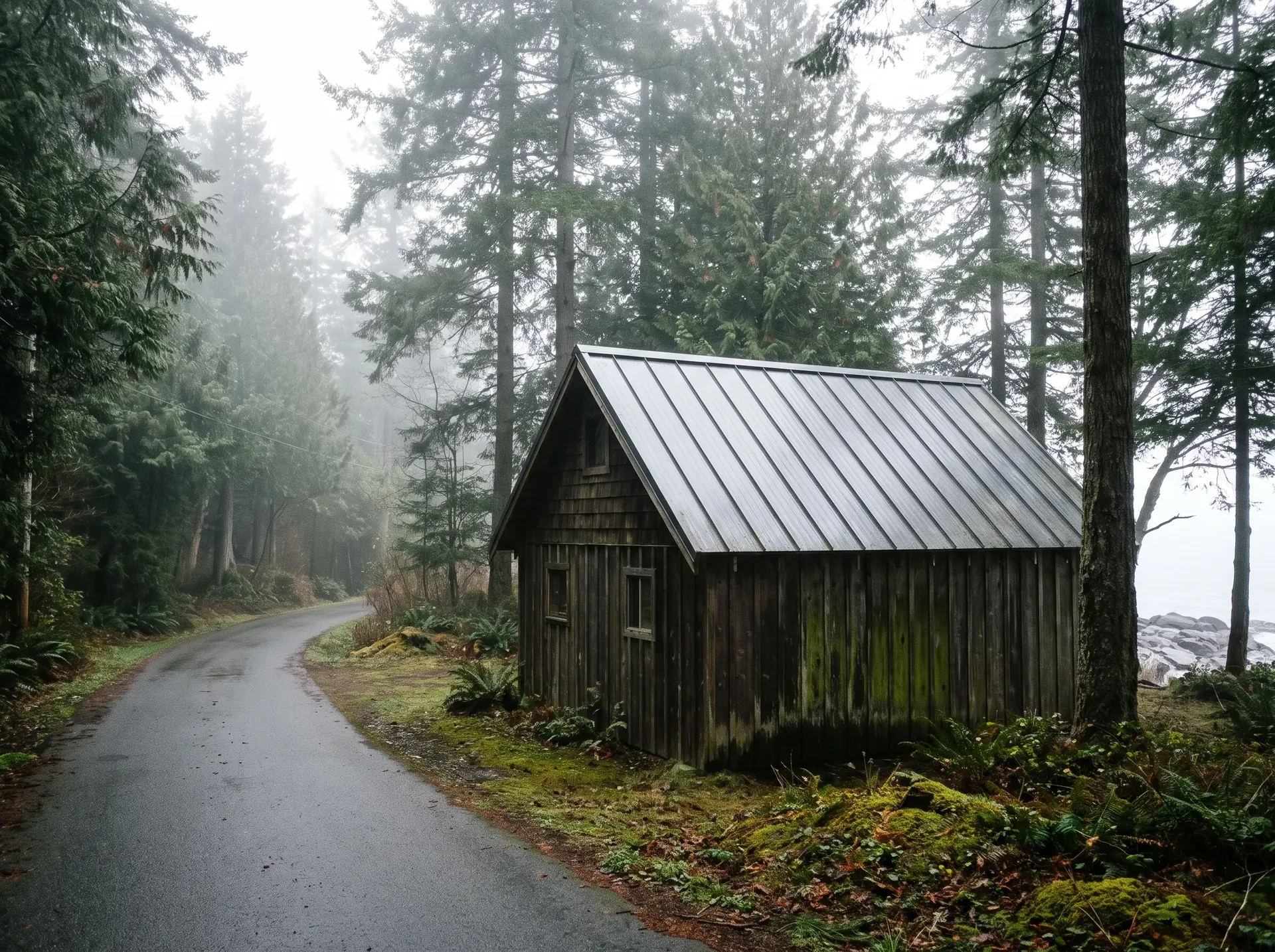 Weathered cabin with a metal roof among firs in Point Roberts