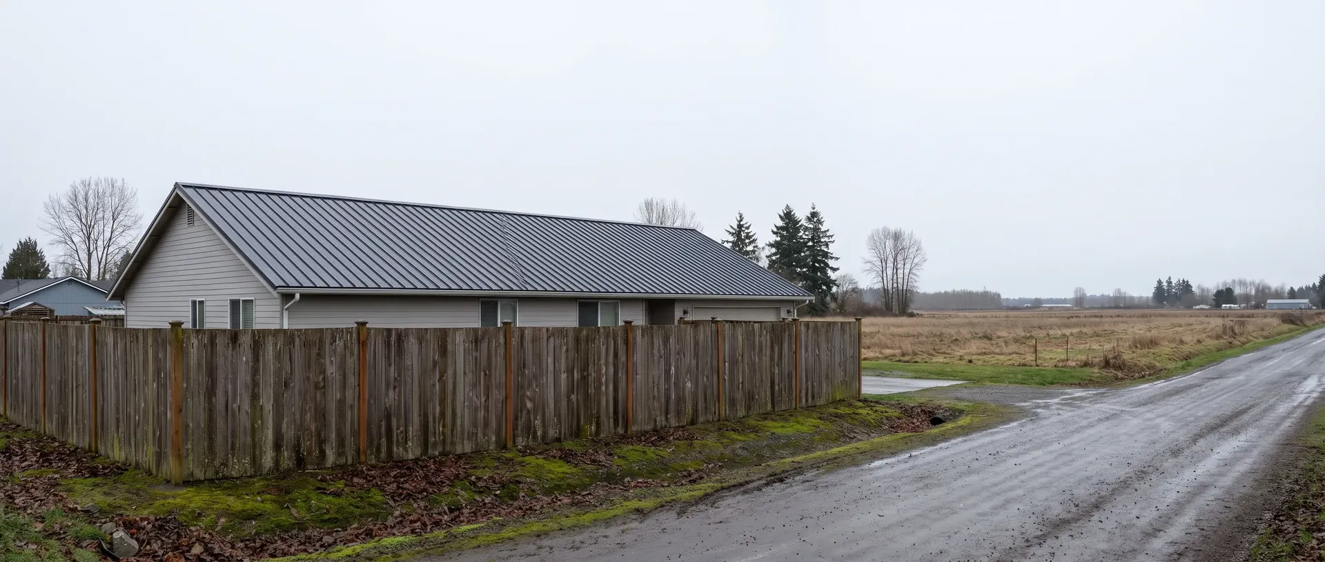 Ferndale home with a new charcoal metal roof beside open farmland