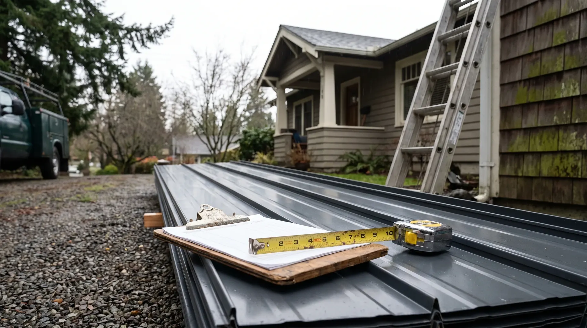 Clipboard and tape measure resting on a stack of metal roofing panels