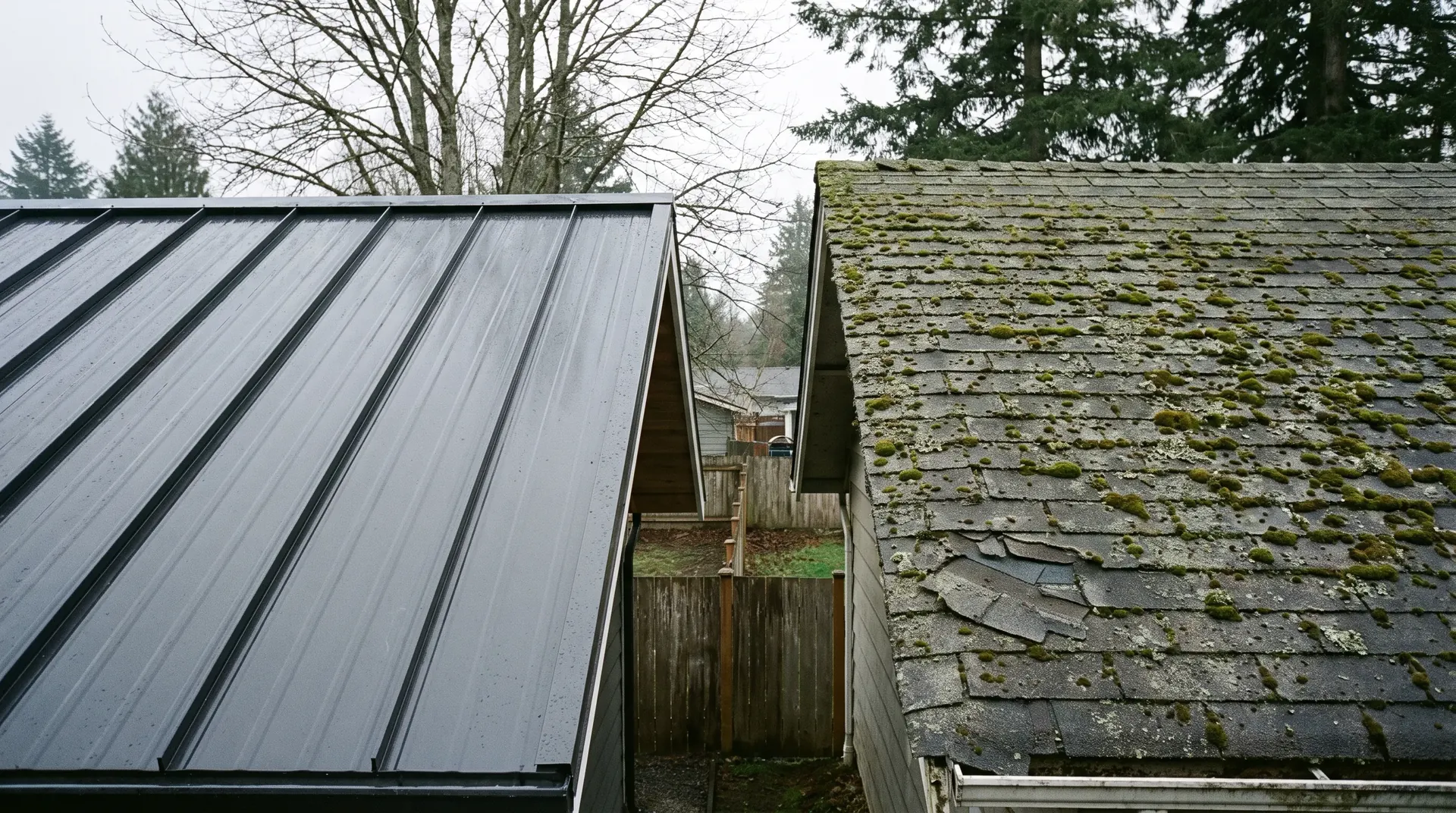 New standing seam metal roof next to a curling mossy composition shingle roof