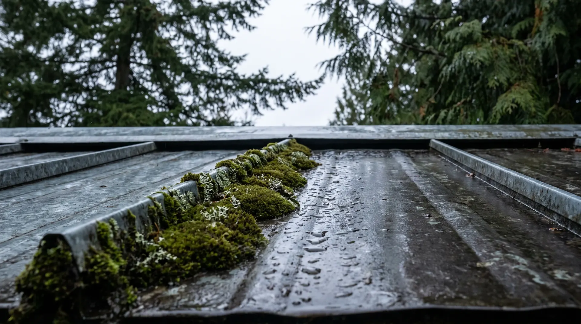 Moss and lichen growing along the lap seam of an older metal roof in the rain