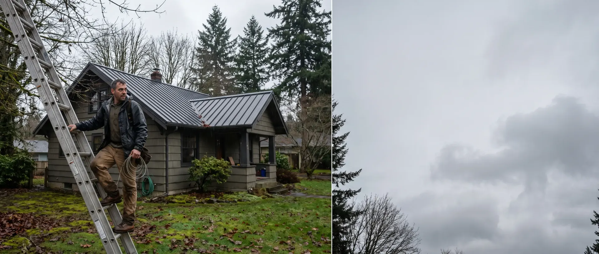 Roofer stepping off a ladder outside a Whatcom County home
