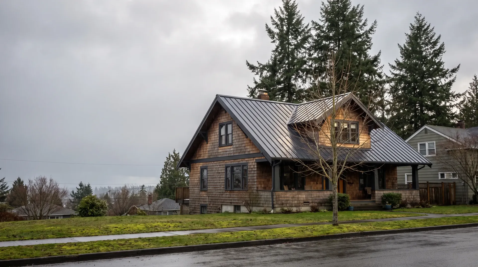Craftsman home in Bellingham with a new charcoal standing seam metal roof
