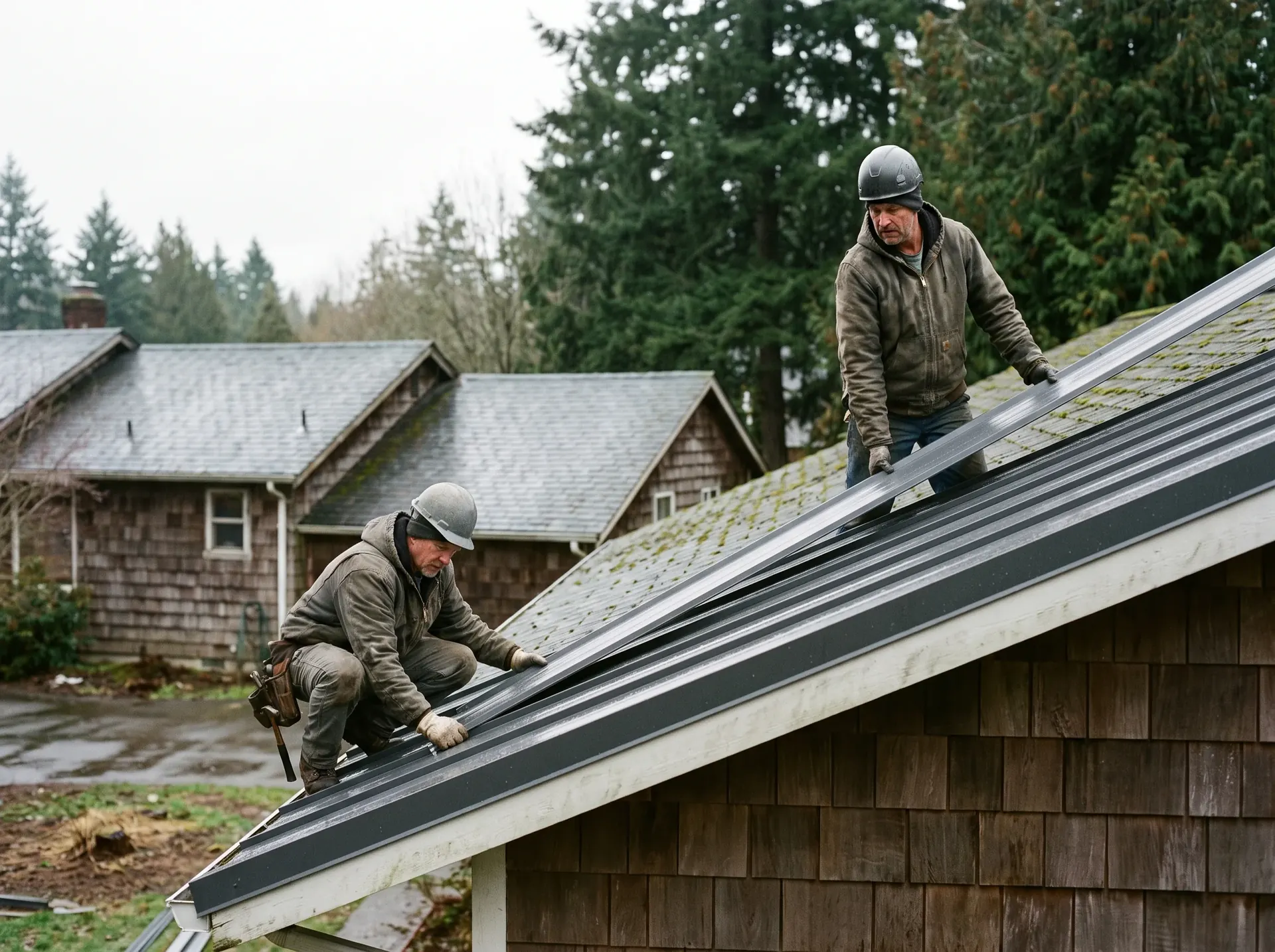 Two roofers setting a standing seam metal panel on a Whatcom County home