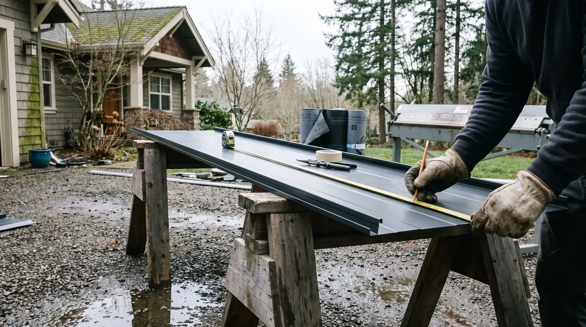 Roofer measuring and marking a metal roofing panel on sawhorses