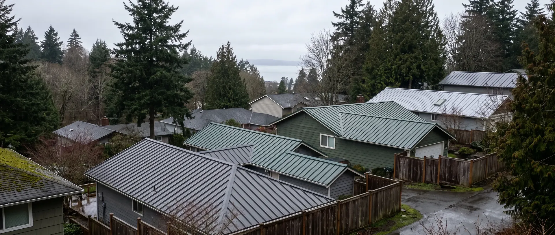 Metal roofs stepping down a Bellingham hillside neighbourhood