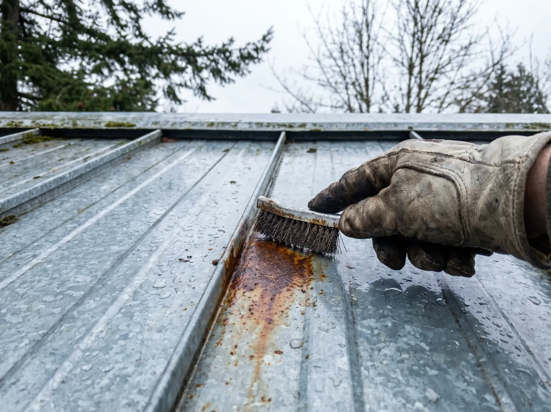 Surface rust being wire brushed from a metal roof panel seam