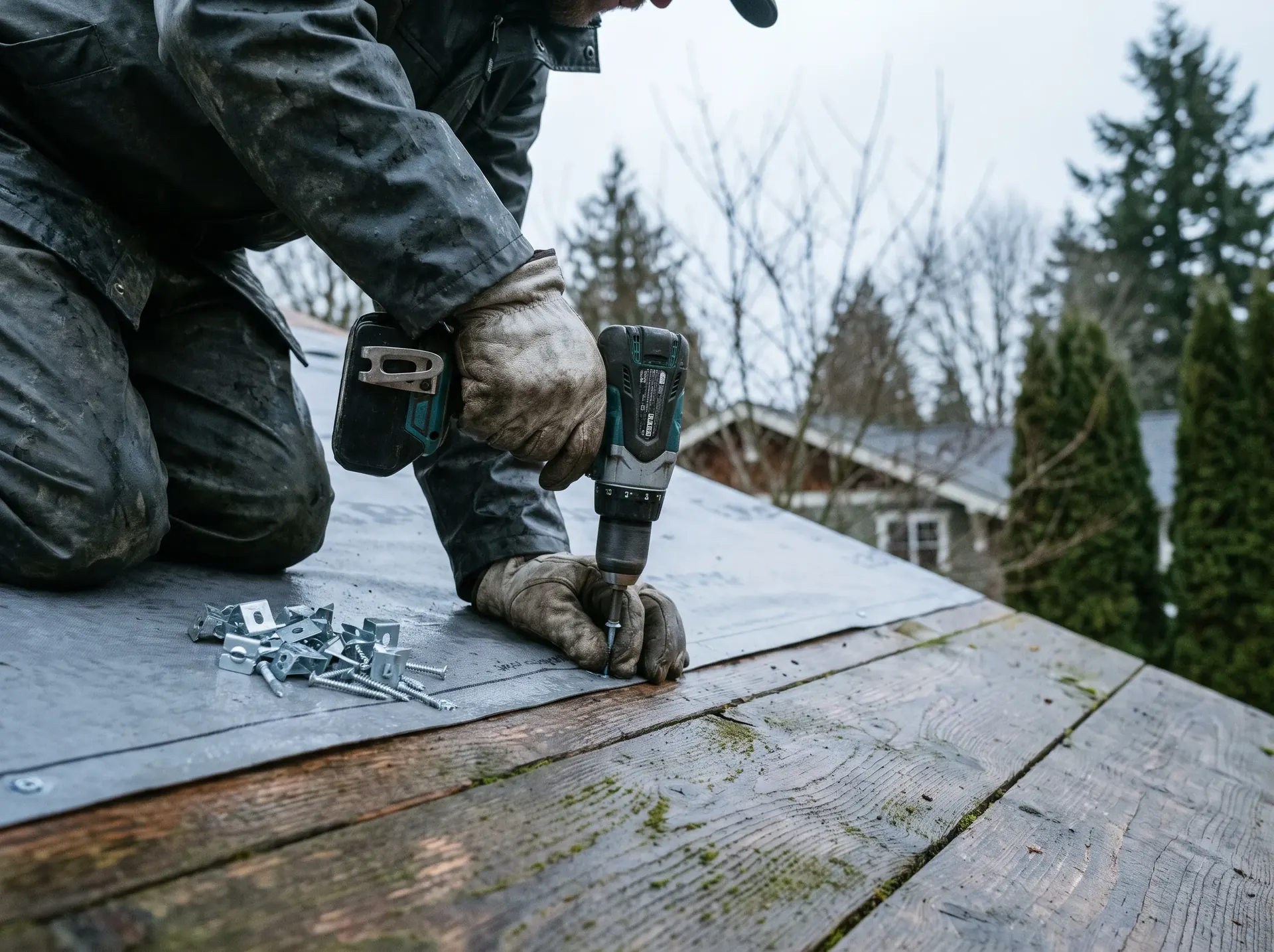 Panel clip being fastened through synthetic underlayment into the roof deck