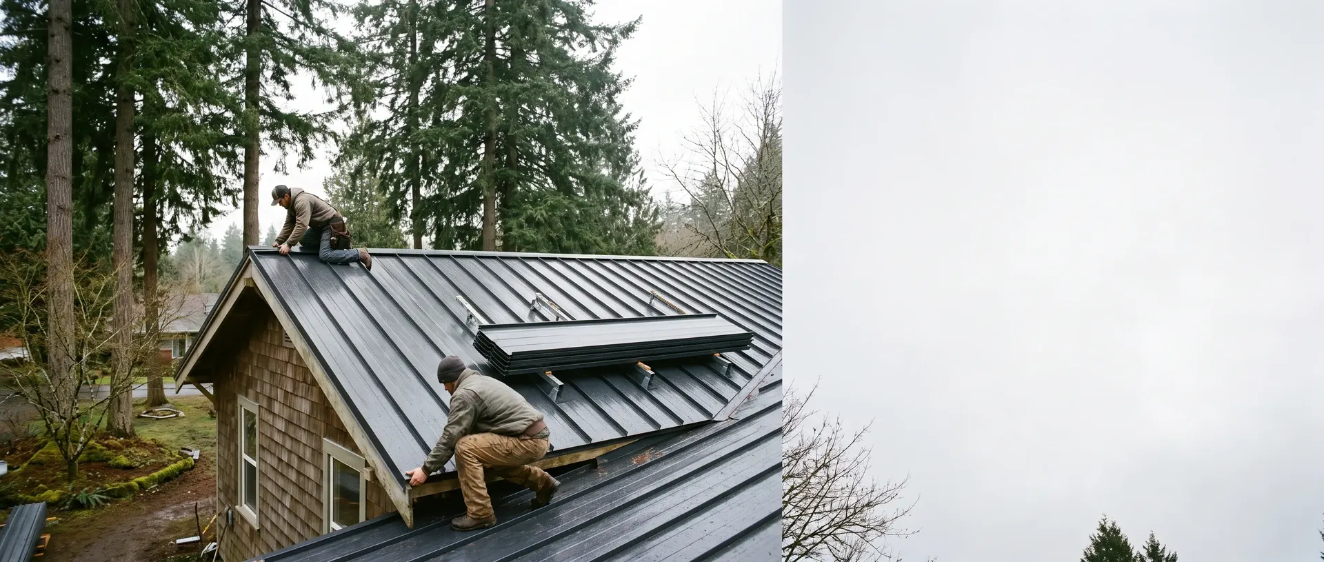 Crew installing metal roof panels on a gable roof in Whatcom County