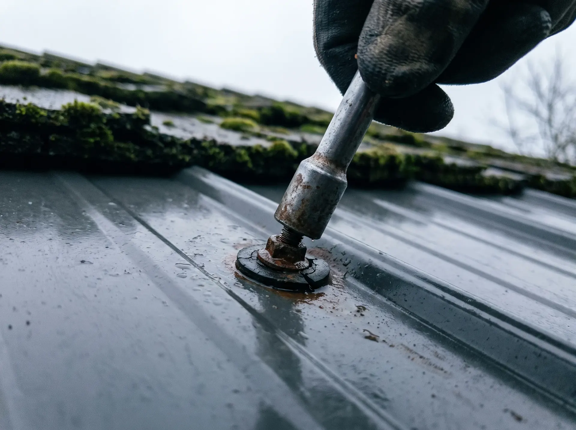 Corroded exposed fastener with a cracked washer being removed from a metal panel
