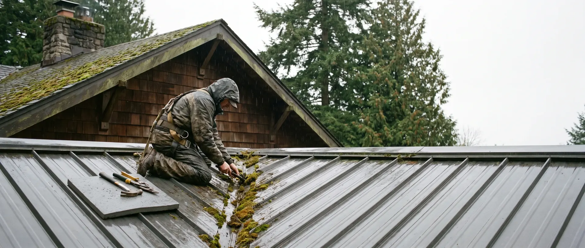 Roofer working along a leaking valley on an older ribbed metal roof