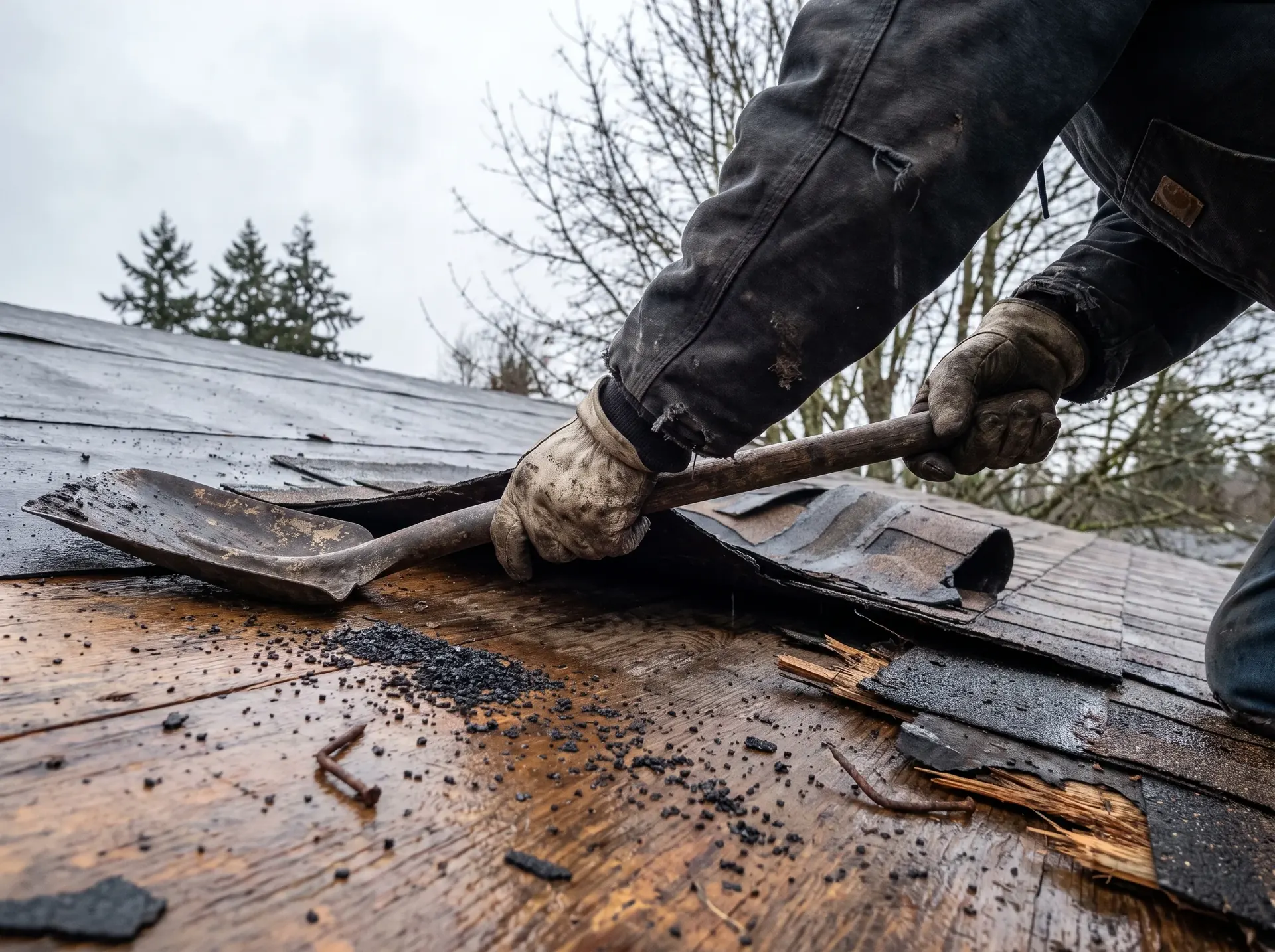 Old curled composition shingles being pried up with a roofing shovel