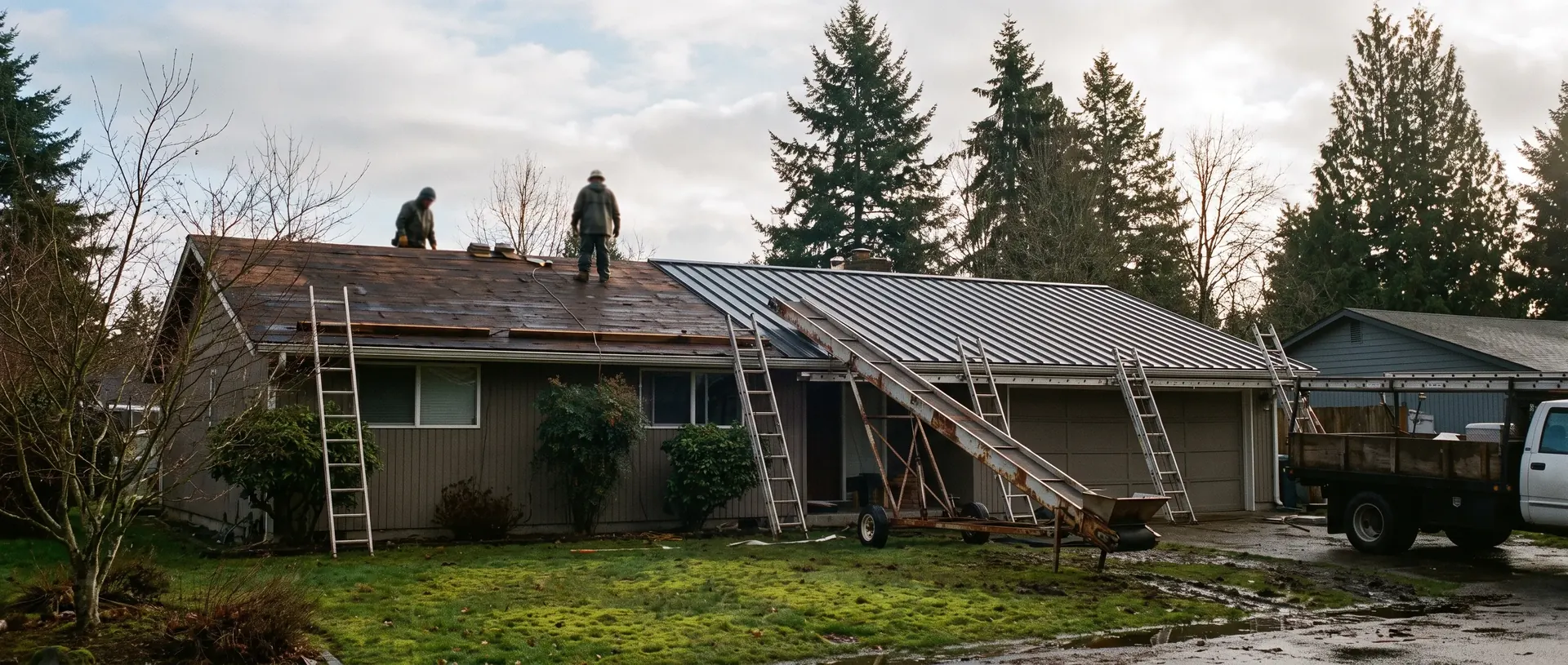 House mid roof replacement, half bare sheathing and half new metal panels