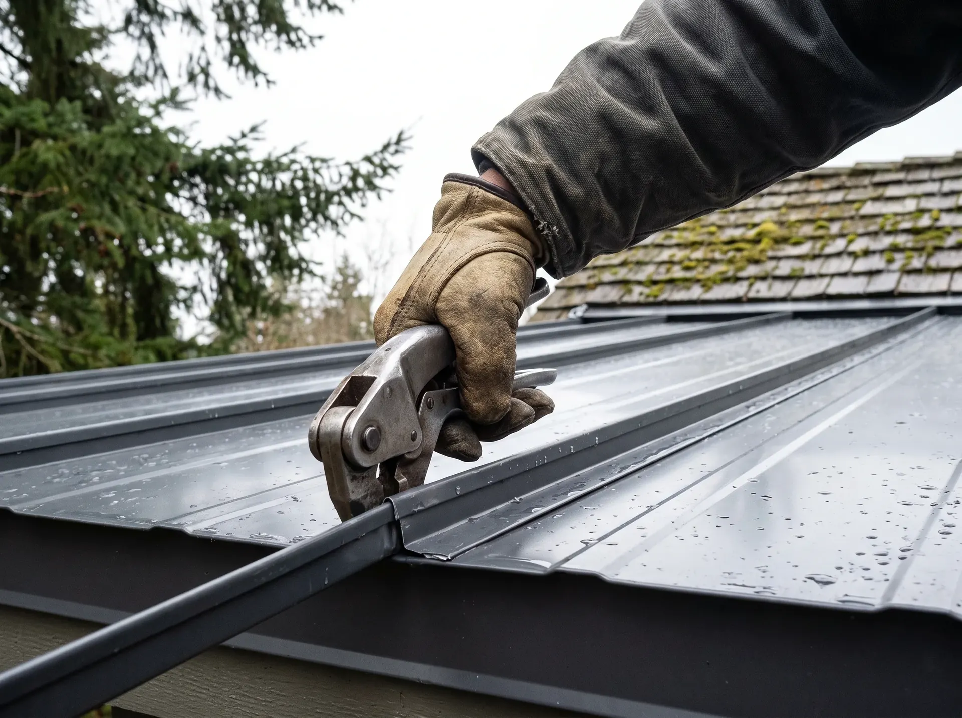 Hand seaming tool locking a standing seam metal roof rib