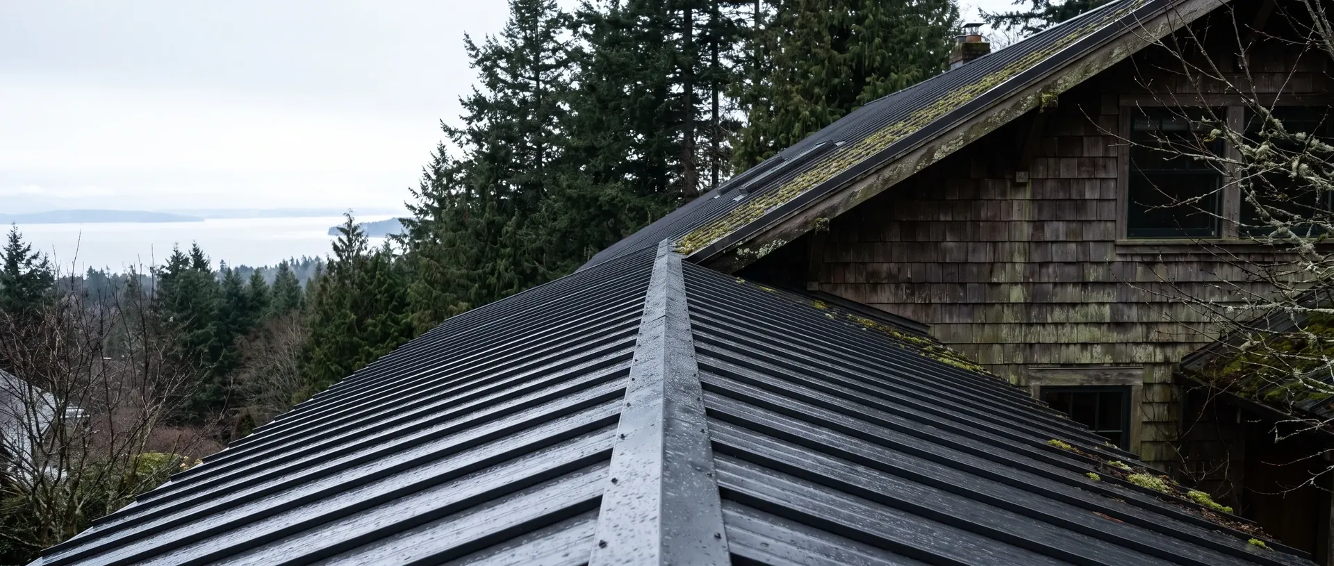 Standing seam metal roof running from ridge to eave above Bellingham Bay