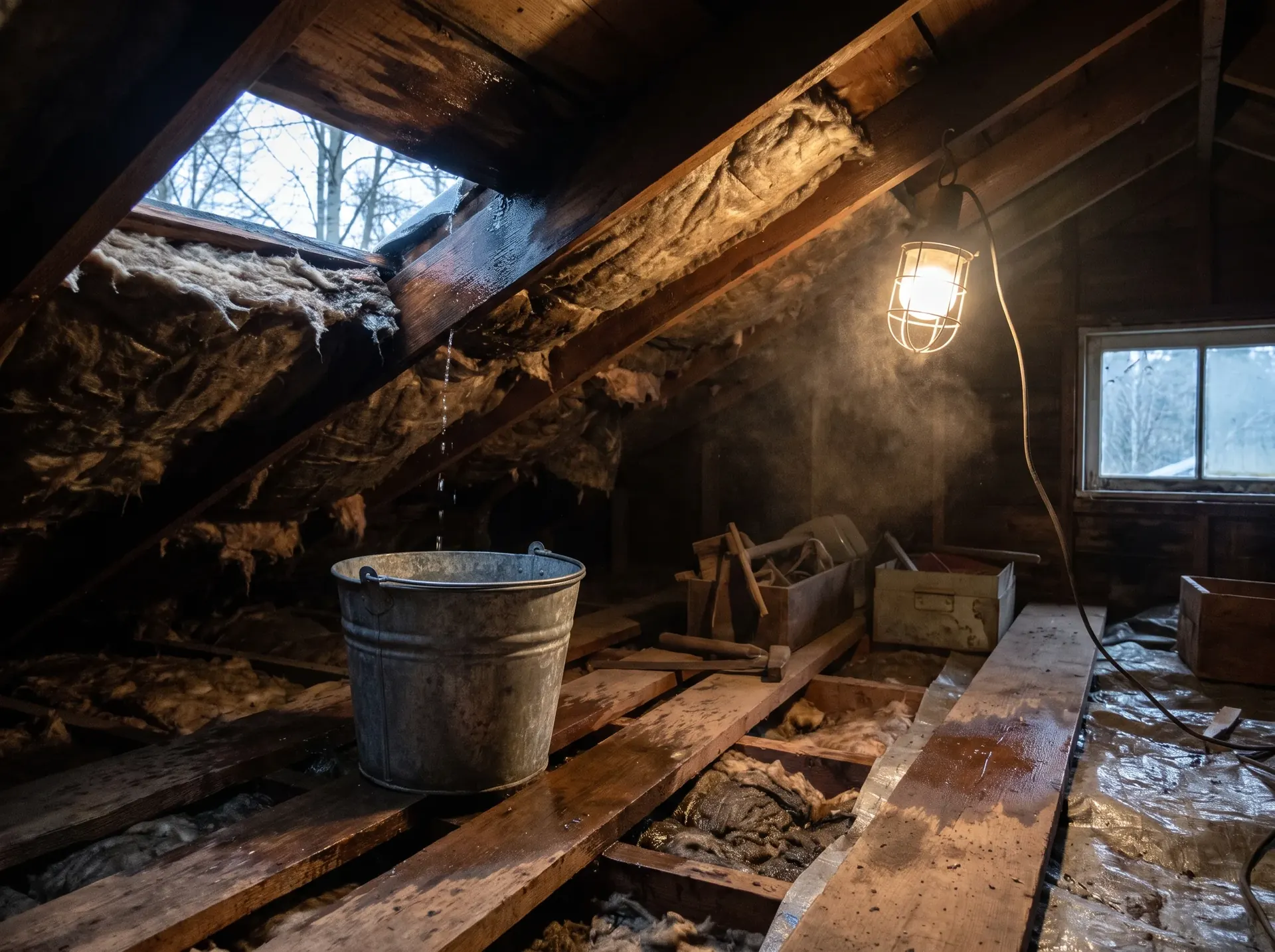 Bucket catching an active roof leak dripping down an attic rafter