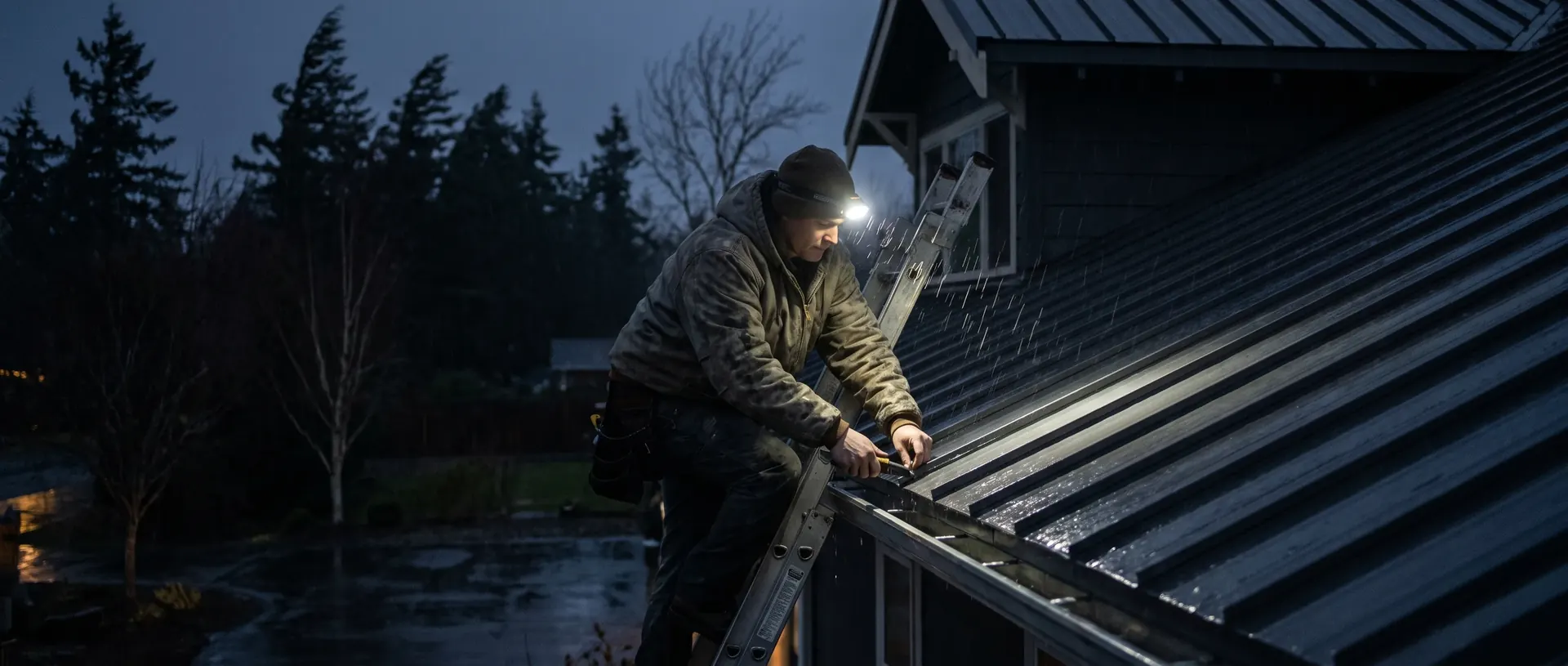Roofer securing a lifted metal roof panel at night in heavy rain