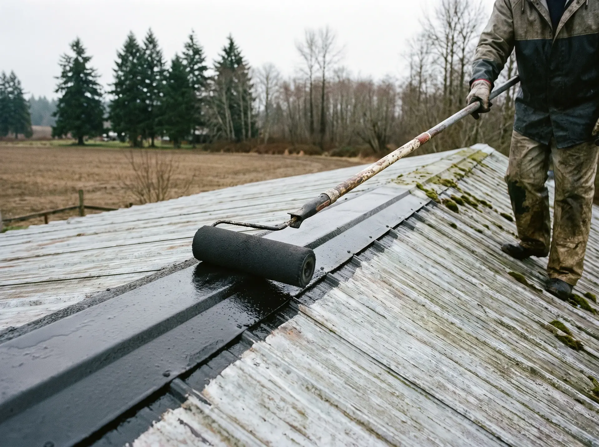Coating being rolled across a faded ribbed metal roof