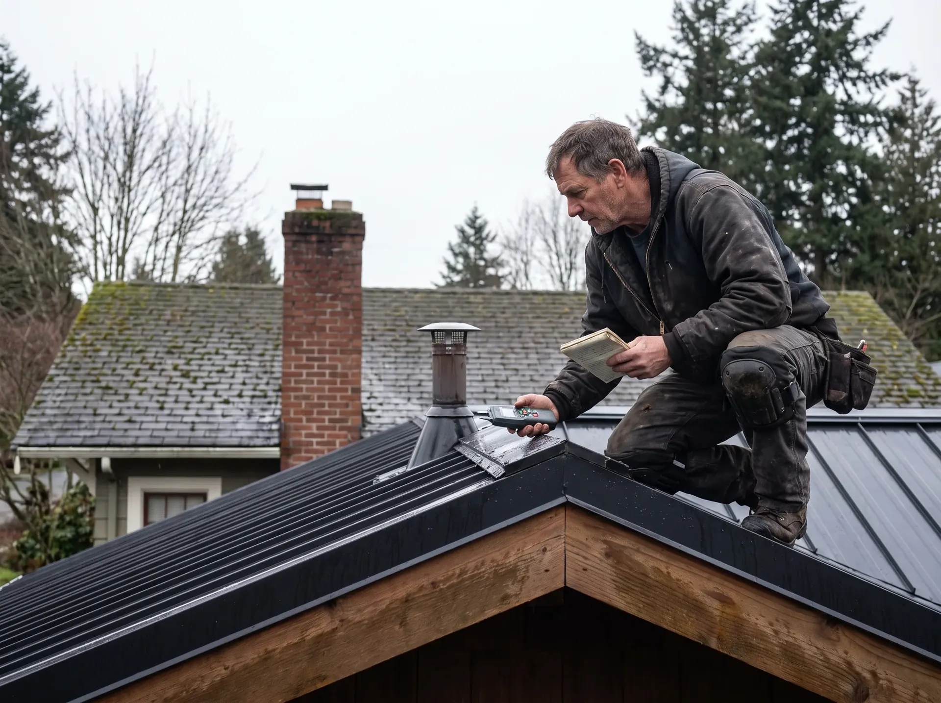 Roofer checking flashing at a roof penetration with a moisture meter