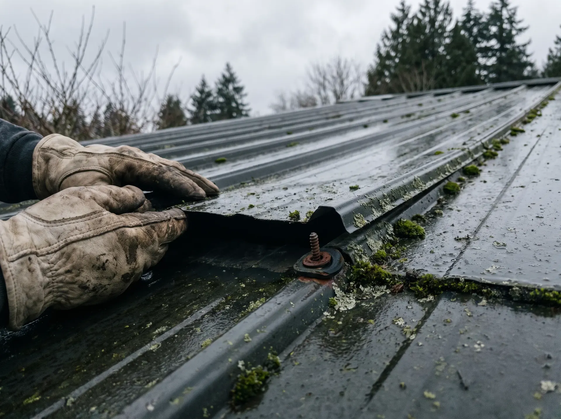 Loose metal roof panel lifted at a lap seam to show a failed fastener washer