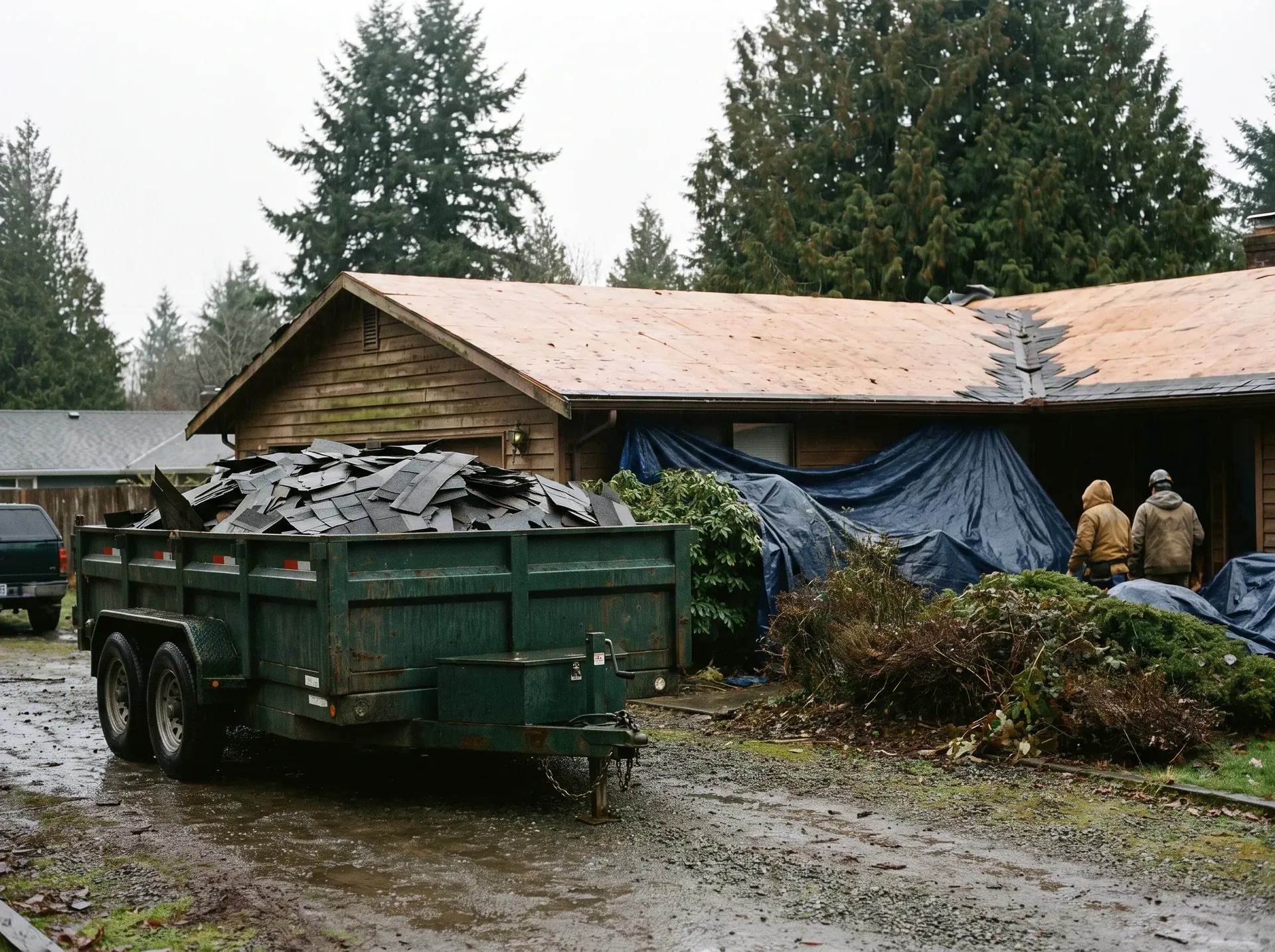 Old composition shingles torn off into a dump trailer during a roof replacement