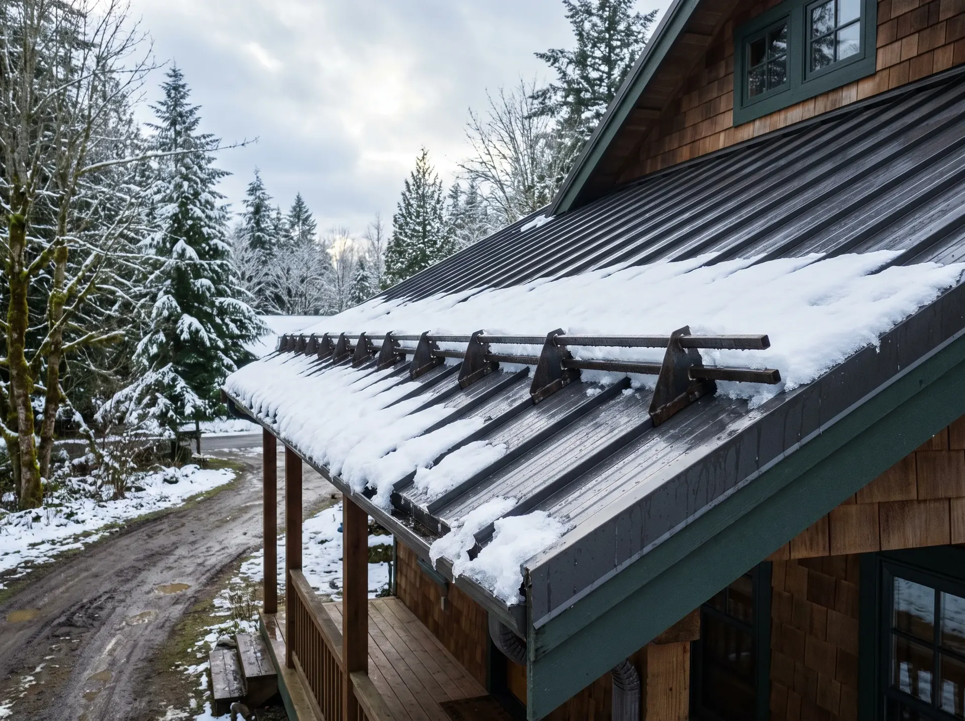 Snow guards holding packed snow on a standing seam metal roof