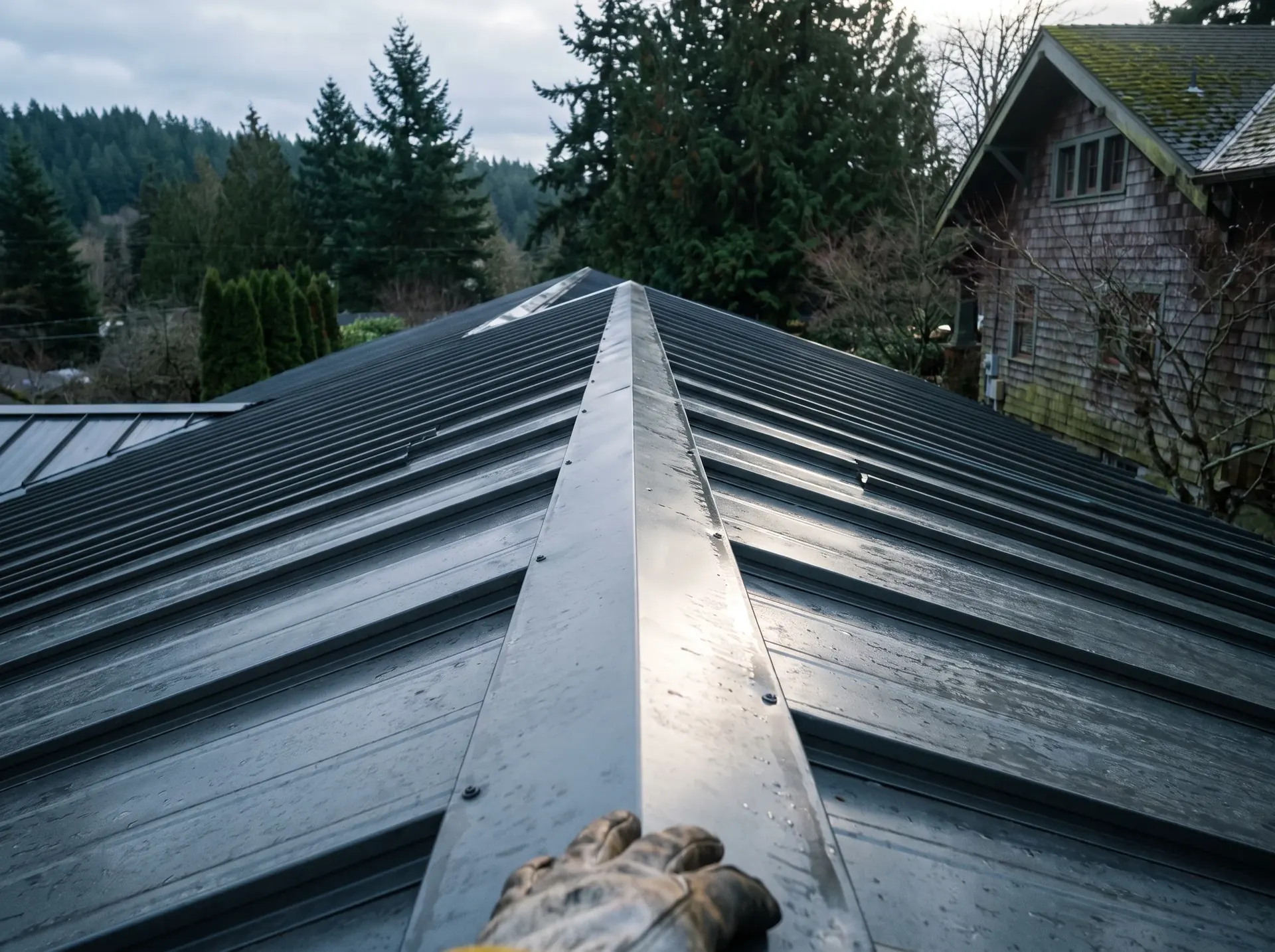 Close view along a mechanically seamed standing seam metal roof rib
