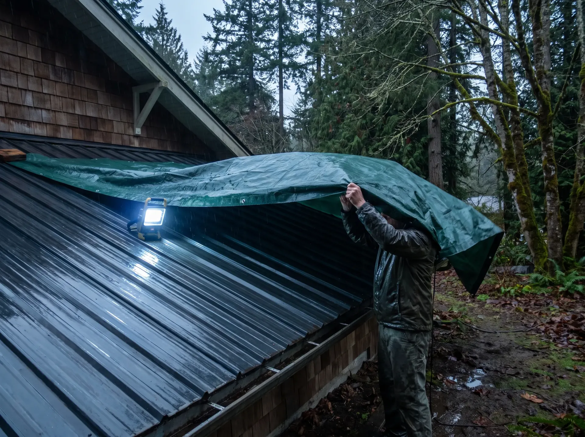 Tarp being secured over storm damage on a metal roof at dusk